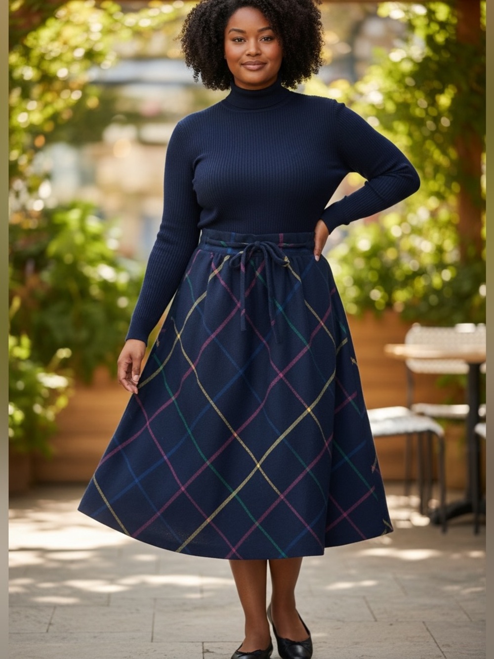 VTG 80s THE ART SHIRT NAVY PLAID WOOL BLEND MIDI SKIRT TIE WAIST DARK ACADEMIA 1